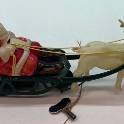 1950's Tin And Celluloid Santa And Sleigh Wind Up Litho Tay With Key And Bell