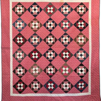 72" X 80" Antique Hand Pieced And Quilted Patchwork Quilt With Handspun Navy And White Back