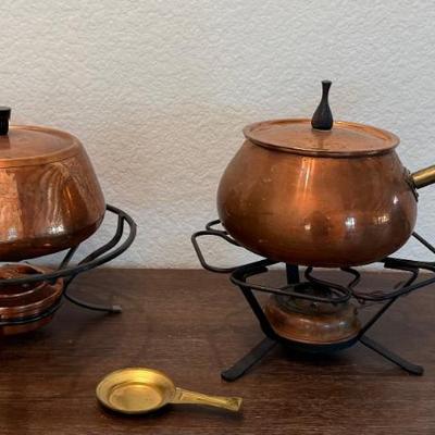 (2) Copper Fondue Pots Sigg Switzerland With Stands And Sterno Holders 