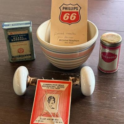 Antiques - Blue & Pink Ring Ironstone 4 Inch Bowl - Philips 66 Sewing Kit - Porcelain Door Knobs - Zink Pudder