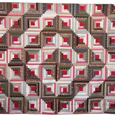 74" X 84" Antique Machine Stitched Doris M. Shapleigh Log Cabin Quilt With Brown Calico Back