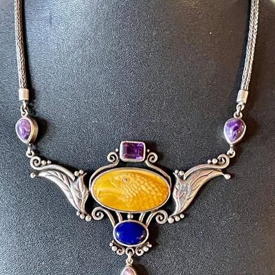 One Of A Kind Hand Carved Amber Eagle Necklace Salim Sterling Silver - Charoite & Amethyst Stones - 53.42 Gram