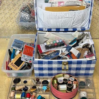 Vintage Sewing Lot Including Box - Thread, Buttons, Patterns, Needles, Wooden Spools, And More