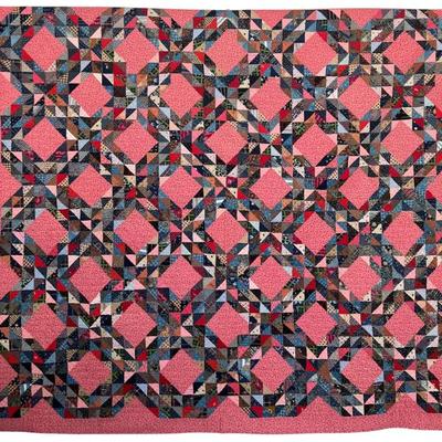 72" X 80" Antique Hand Pieced And Quilted Patchwork Quilt With Handspun Navy And White Back