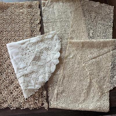 (3) Antique Lace Linens - Gorgeous 12 X 120 Lace Runner - 54 X 20 Table Runner - 25" White Lace Doily 