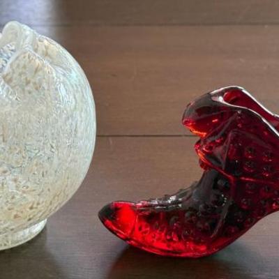 Fenton Ruby Red Hobnail Shoe & Art Glass Spatterware Glass Vase 