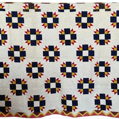 72.5" X 91" Late 1800's Hand Pieced And Quilted Cotton Seed Pattern Quilt With White Back