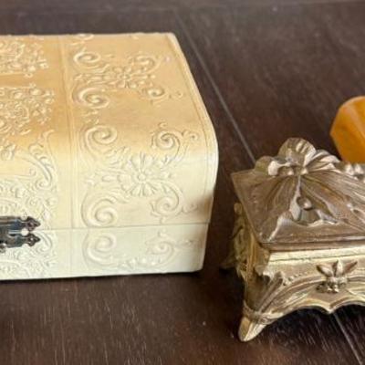 Antique Celluloid Jewelry Box - Gold Tone Art Nouveau Jewelry Cask & Bakelite Travel Container 