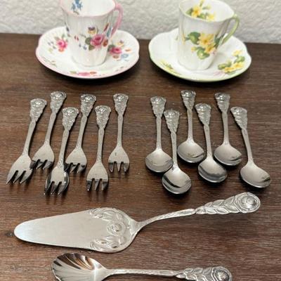 (2) Shelley Chintz England Demitasse Cups & Rostfrei Esmeyer Dessert Set Forks - Spoons, Cake Server, Sugar