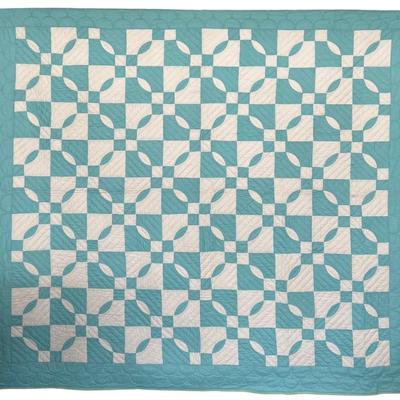 79" X 86 Antique Machine Stitched Aqua And White Quilt With White Back