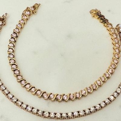 (2) Gold Wash Sterling Silver & Clear & Pink Stone 8" Tennis Bracelets 