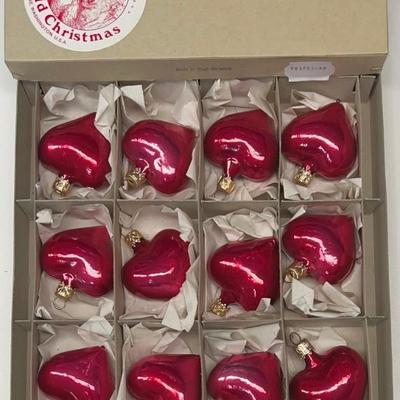 Set Of (12) Old World Christmas West Germany Red Heart Glass Ornaments With Box