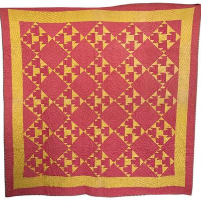 77.5" X 77.5" Antique Machine Pieced Hand Quilted Pink And Yellow Quilt With Brown And Yellow Back