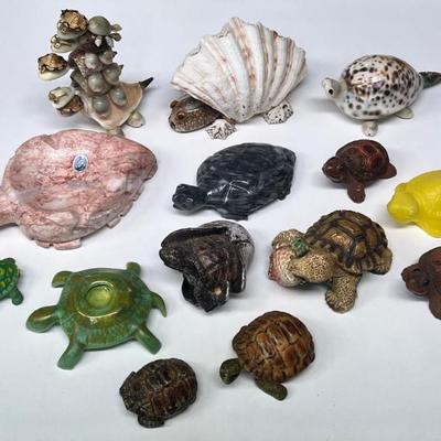 Resin, Stone, And Shell Tortoise And Turtle Lot