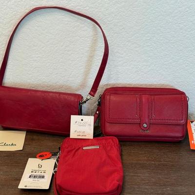 (3) New With Tags - Clark Leather Small Red Bag - Sak Phone & Travel Bag W Strap & Baggallini RFI Travel Bag