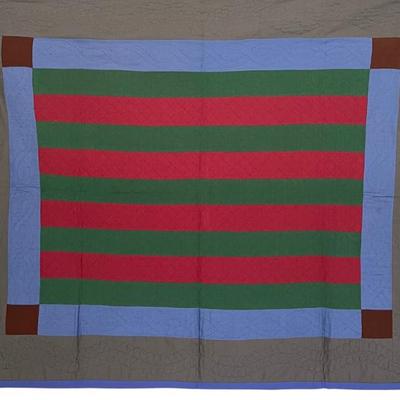 40" X 49" Antique Machine Pieced Hand Quilted Sateen Bar Pattern Children's Quilt With Black Back (as Is)