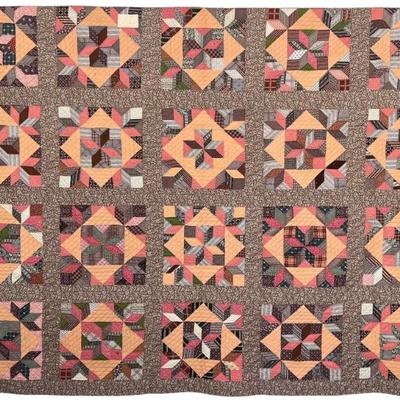 70" X89" Late 1800's Rosetta McCoy Variable Star Quilt With Brown Floral Back And Signed Paper Sewn Onto Front