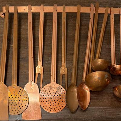 (12) Vintage French Copper Hanging Utensils With Copper Rod Hanger 