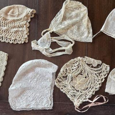 Antique Hand Made Lace & Crochet Baby Bonnet Hats 