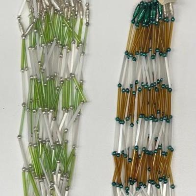 (2) Sets Of Antique Japan Glass Bead Tree Tinsel - Green, White, And Gold