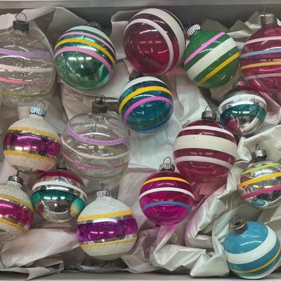 (16) Vintage And Antique Glass And Mercury Glass Stripped Christmas Ornaments - Some With Tinsel Inside