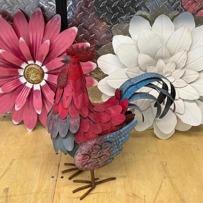 Rustic Metal Rooster And (2) Metal Flower Wall Hangings