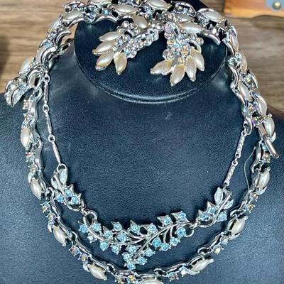 Vintage Thermo Set BSK Earrings, Bracelet , 14" Necklace And Blue Rhinestone Necklace