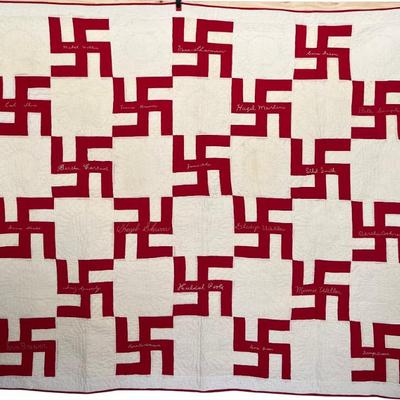 66" X 75" Antique Machine Pieced Hand Quilted Red And White Friendship Quilt With White Back 
