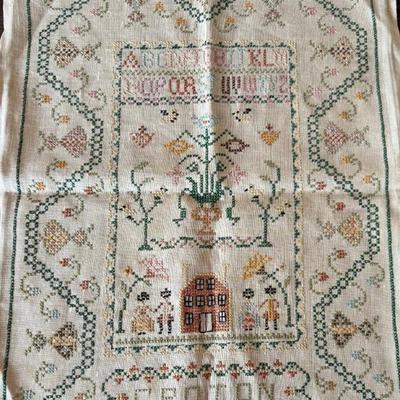 Antique Hand Made Cross Stitch Groton Sampler 18.75 X 24.75 