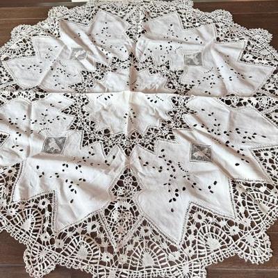 Antique Linen Round Linen Tablecloth With Bobbin Lace & Hand EMbroidery With Knotted Filet Lace