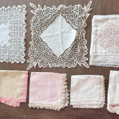 (8) Vintage Hand Made Lace & Silk Antique Handkerchiefs 