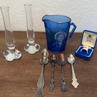Vintage Shirley Temple Cobalt Pitcher - (2) Art Glass Bud Vases - Aynsley Thimble 
