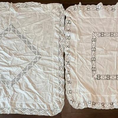 (2) White Antique Victorian Lace Ruffled 30 Inch Square Pillow Covers 