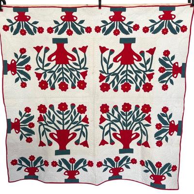 70.5" X 59" Antique Hand Pieced And Quilted Red And Green Flowers In Pots Quilt With White Back (as Is)