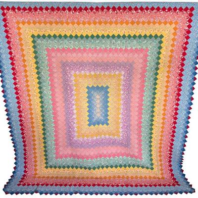 83" X 94" Antique Machine Stitched Graphic Trip Around The World Quilt With Floral Back