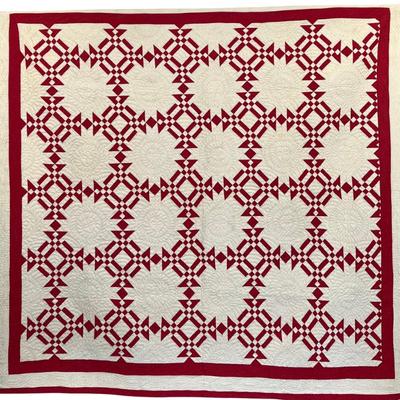 80" X 84" Antique Hand Pieced And Quilted Red And White Quilt