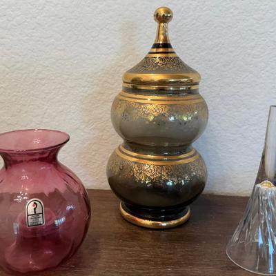 Vintage Art Glass & Gold Painted MCM Candy Dish - Pilgrim Cranberry Glass Vase - Crystal Bell 