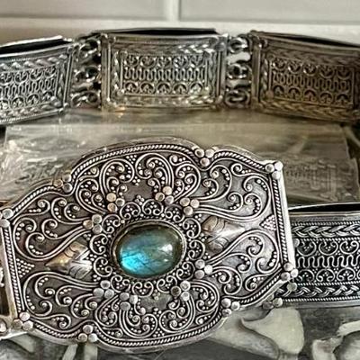 Incredible Solid Sterling Silver Panel Belt W Labradorite Cabochon - 34-42" Long   247.3 Grams 