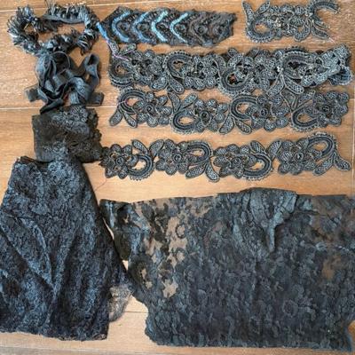 Assorted Pieces Of Black Antique Lace & Bead  - Crocheted & Embroidered Victorian Clothing Trim Pieces   