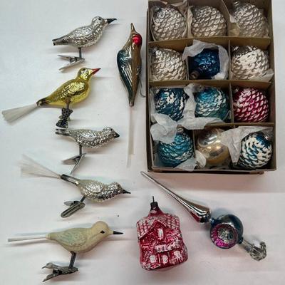 Vintage And Antique Glass And Mercury Glass Ornaments - Germany Topper, Clip On Birds, Frosted Pinecones As Is
