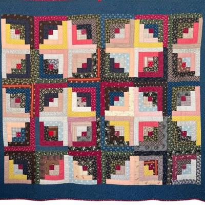 69" X 79" Antique Graphic Log Cabin Machine Stitched Quilt
