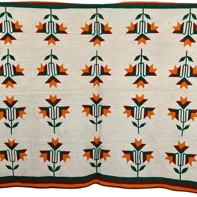 64" X 84" Late 1800's Hand Pieced And Quilted Applique Floral Pattern Quilt 