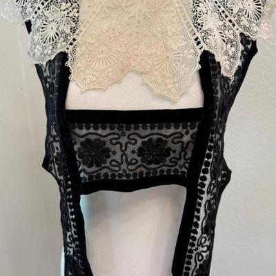 Antique Black Lace Tambour Pinafore Dress Front And Hand Made Round Lace Collar 