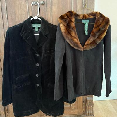 (2) Vintage Ralph Lauren Ladies Black Velvet Jacket Size 6 And Fur Trim Wool Blend Sweater Small