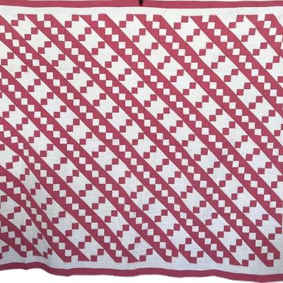 70" X 82" Antique Machine Stitched Pink And White Diagonal Block Ladder Quilt With White Back