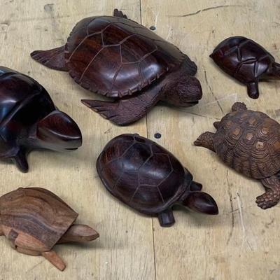 (6) Dark Wood And Resin Turtle Figurines - (1) Trinket Box