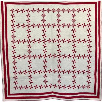 76" X 74" Antique Red And White Pin Wheel Hand Stitched Border And Machine Stitched White Back Quilt