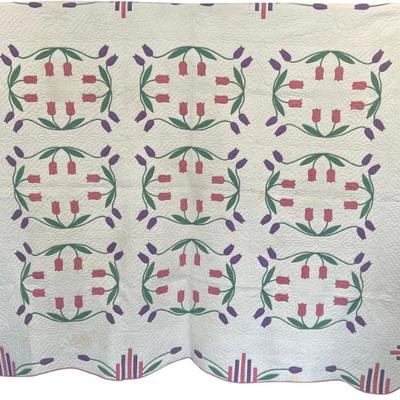73" X 88" Antique Hand Pieced And Quilted Tulip Pattern And Scalloped Border Quilt With White Back