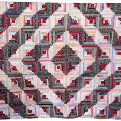 75" X 84" Antique Machine Stitched Log Cabin Quilt With Stripped Back (as Is)