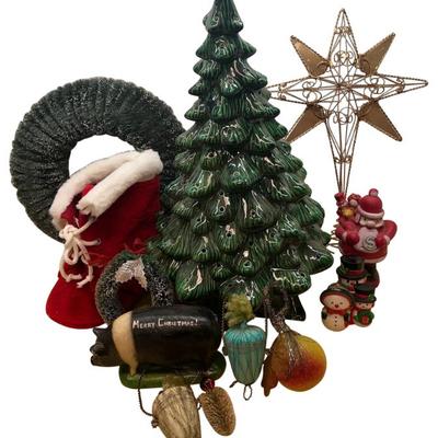 Vintage Christmas Lot - Ceramic Tree, Wreathes, Metal Tree Topper, Rubber Pig, Ornaments, Rubber Coin Bank